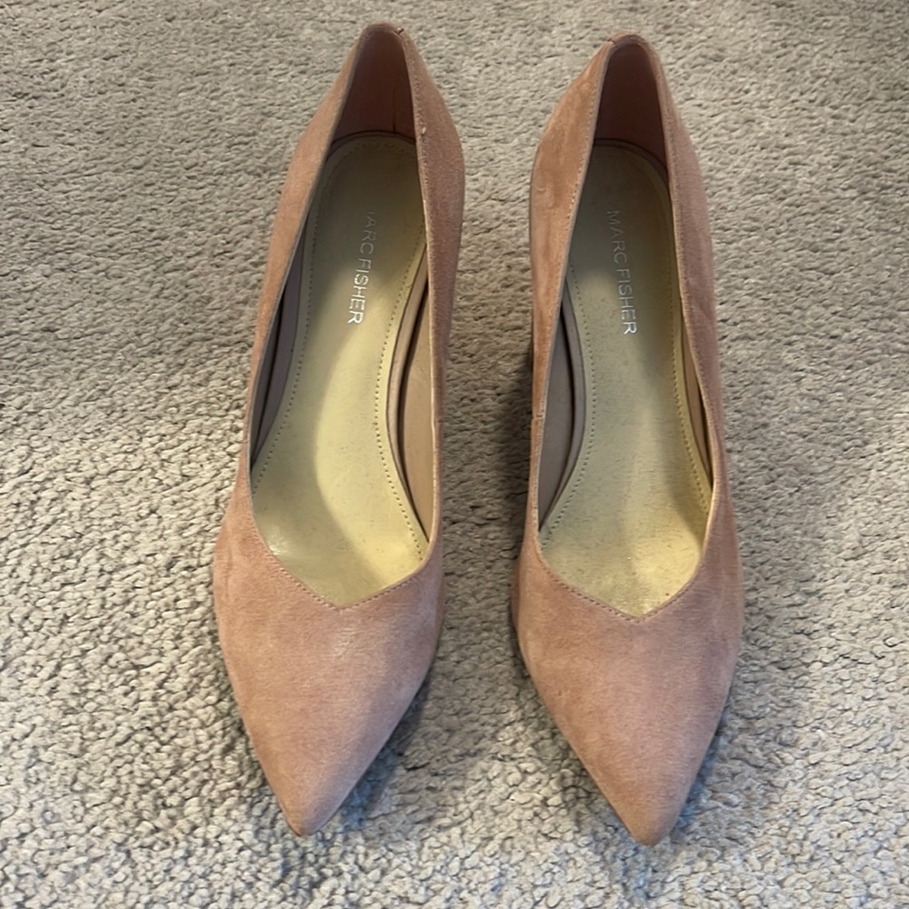 Blush pink suede pumps